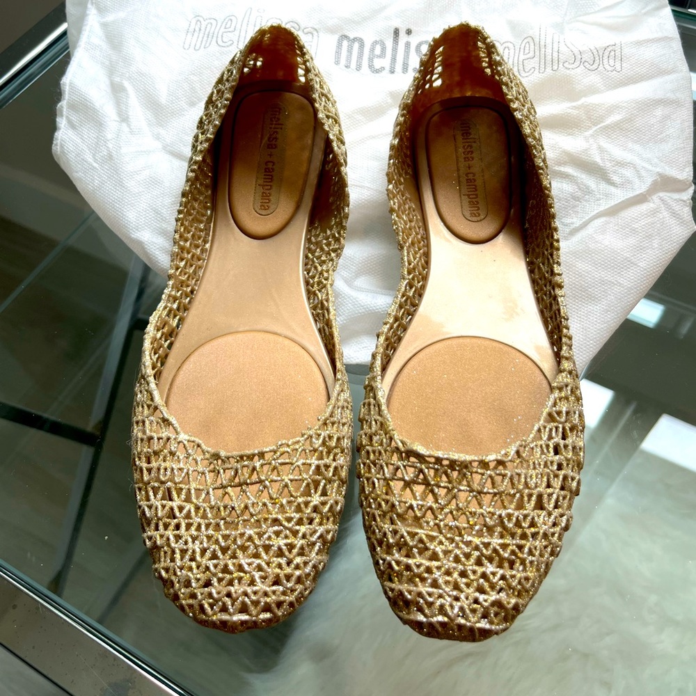 Melissa x Campana gold glitter jelly flats